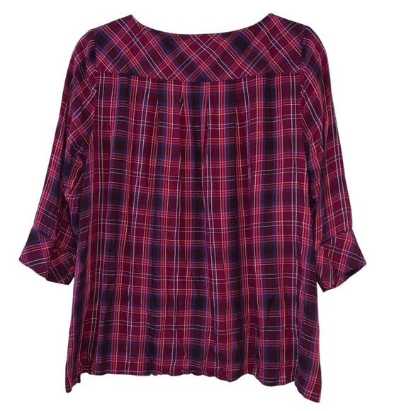 J. Jill Plaid Top Petite Medium Red Blue PurpleTunic 3/4 Sleeve Pocket - Picture 4 of 5